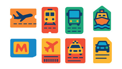 Flat vector icons of travel transport tickets: plane ticket, train ticket, bus ticket, ferry ticket, metro card, boarding pass, taxi receipt, rental car agreement.