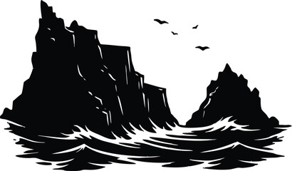 Fototapeta premium Silhouette of Coastal Cliffs Above Crashing Waves, Ocean Cliff Silhouette View