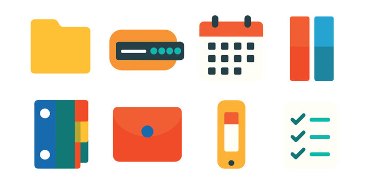 Flat vector icons of organizational stationery: divider tab, label maker, calendar sheet, sticky flag, color-coded binder, document wallet, folder label, to-do checklist.