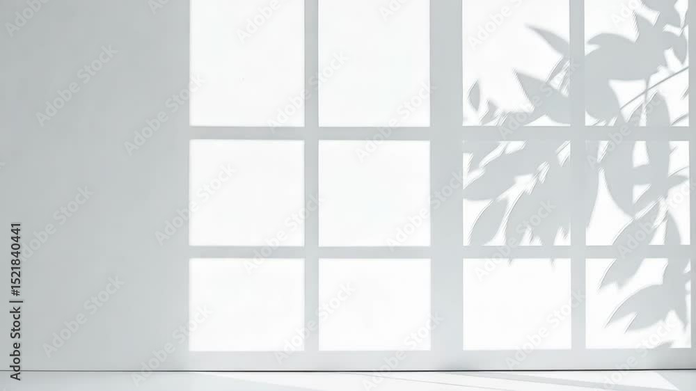 Poster sunlight streams through window casting leaf shadows on white interior wall, creating a minimalist a