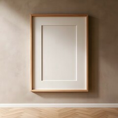 wooden frame white canvas mockup beige background