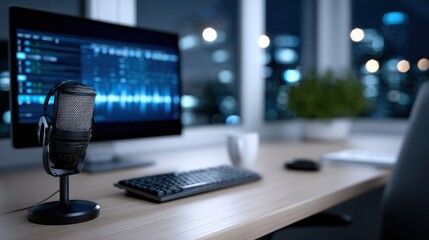 Fototapeta premium Podcast Microphone and Headphones on Desk at Night, Showcasing Audio Production and Digital Communication, Perfect for Corporate Training and Online Learning : Generative AI