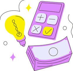 financial concepts including budgeting, saving, donating, and managing money. Depicts a person facing financial problems, calculators, cash, coins, and a donation box. Ideal for banking, personal fina