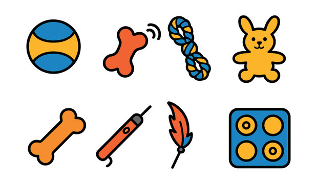 Flat vector icons of pet toys: rubber ball, squeaky toy, rope tug toy, plush animal, chew bone, laser pointer, feather wand, treat puzzle.