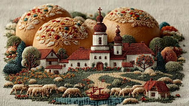 Detailed Needlepoint Depicting Festive Bread, Church, Village and Sheep in a Pastoral Scene