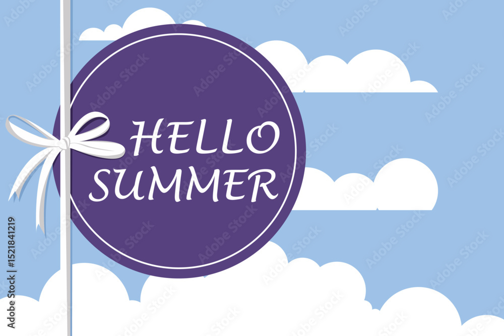 Fototapete hello summer background with ribbon and cloud elements. flat vector with a purple circle, ribbon bow