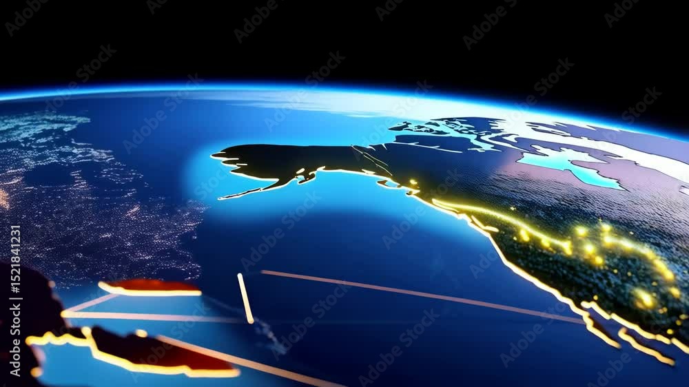 Poster animated earth globe with glowing city lights and connecting network lines displaying global connect