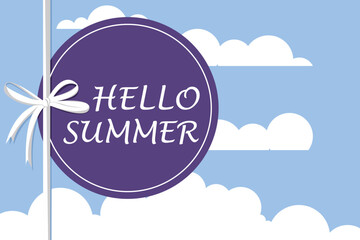 Hello Summer Background with Ribbon and Cloud Elements. Flat vector with a purple circle, ribbon bow, and white clouds. Perfect for summer greetings, posters, and seasonal designs.