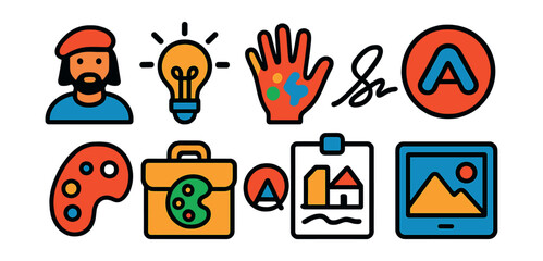 Flat vector icons of artistic identity: artist avatar, creative badge, paint-splattered hand, signature, personal logo, art portfolio, project sketch, digital gallery icon.