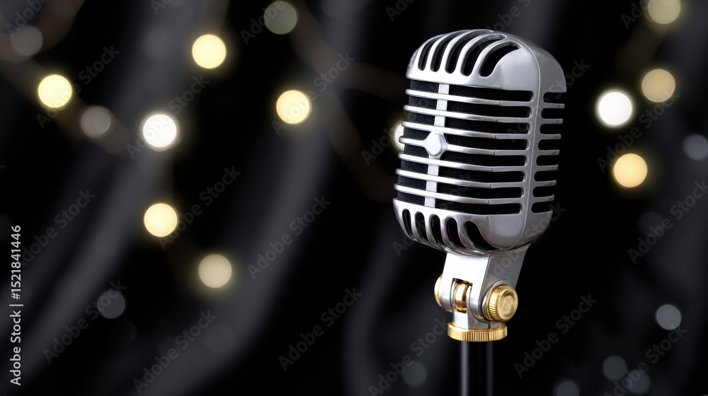 Poster vintage microphone against bokeh lights, symbolizing live performance and creative expression for en