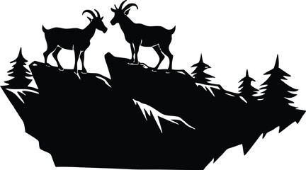 Silhouette of Rocky Slope With Wild Goats, Mountain Goats Cliff Silhouette