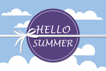 Hello Summer Background with Ribbon and Cloud Elements. Flat vector with a purple circle, ribbon bow, and white clouds. Perfect for summer greetings, posters, and seasonal designs.