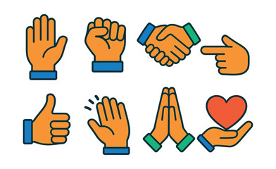 Flat vector icons of hands: open hand, clenched fist, handshake, pointing finger, thumbs up, waving hand, praying hands, hand holding heart.