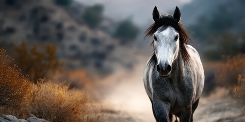 Beautiful gray horse walking along a scenic trail in a dusty landscape during early morning light
