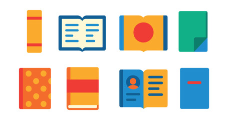 Flat vector icons of book design elements: spine view, table of contents, chapter title page, page corner fold, endpaper pattern, dust jacket, author bio page, dedication line.