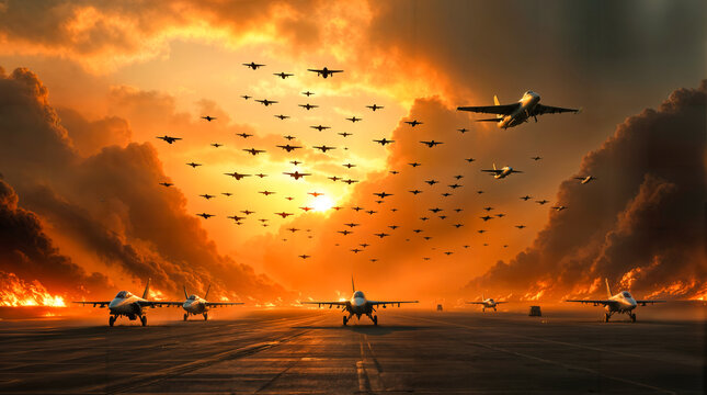 Kampfjets und Drohnen starten von Landebahn bei spektakul&auml;rem Sonnenuntergang und dramatischem Himmel