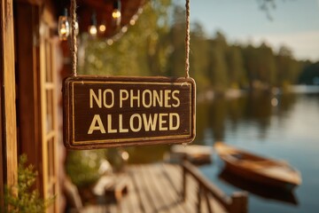 A wooden sign reading "No Phones Allowed" hanging in front of a serene lake scene, inviting viewers to disconnect and embrace nature's tranquility and digital detox.