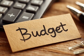 Close-up on a 'Budget' note card with calculator and pen on a wooden surface, depicting financial planning, business strategy, and economic considerations for success.