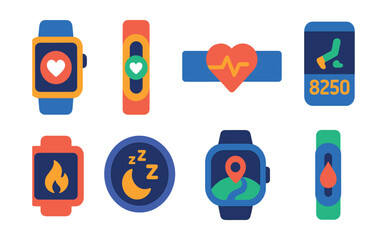 Flat vector icons of fitness tracking devices: smartwatch, fitness band, heart rate monitor, step counter, calorie tracker, sleep tracker, GPS running watch, hydration sensor.
