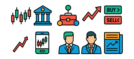 Flat vector line icons of stock trading: candlestick chart, stock exchange building, portfolio diversification, market trend arrow, buy and sell orders, trading app, broker, financial news.