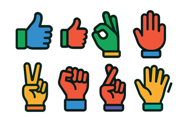 Obraz premium Flat vector icons of hand signs for communication: thumbs up, thumbs down, okay sign, stop hand, peace sign, raised fist, crossed fingers, wave hello.