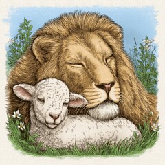Whimsical Animal Friendship Art: Lion and Sheep in Peaceful Harmony
