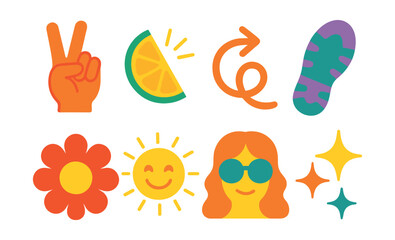 Flat vector icons of fun hippie designs: hand waving peace sign, lemon wedge with shine, swirling arrow, funky shoe print, blooming flower, sun with smile, character with sunglasses, glitter sparkles