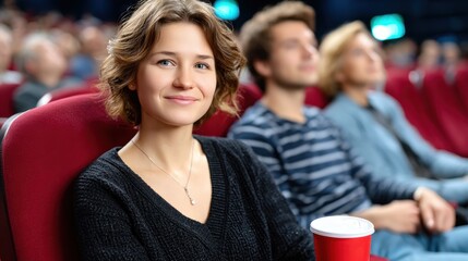 Obraz premium Young Woman Smiling in Movie Theater With Drink, Representing Entertainment and Shared Experience, Making Memories and Enjoying Leisure Time With Friends : Generative AI