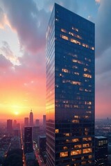 Modern glass skyscraper office building reflecting the city skyline at sunset Clean lines, sharp angles, and stunning architecture showcase success and ambition , shadow, success