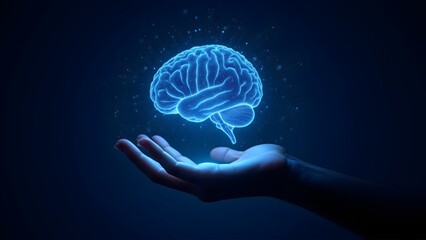 Glowing blue holographic brain floating above a human hand in dark futuristic background