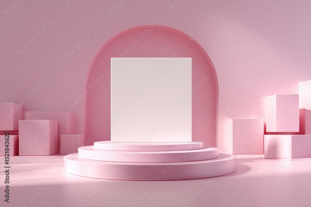 Poster elegant and minimalist 3d rendering of a pink podium with blank display board, surrounded by geometr