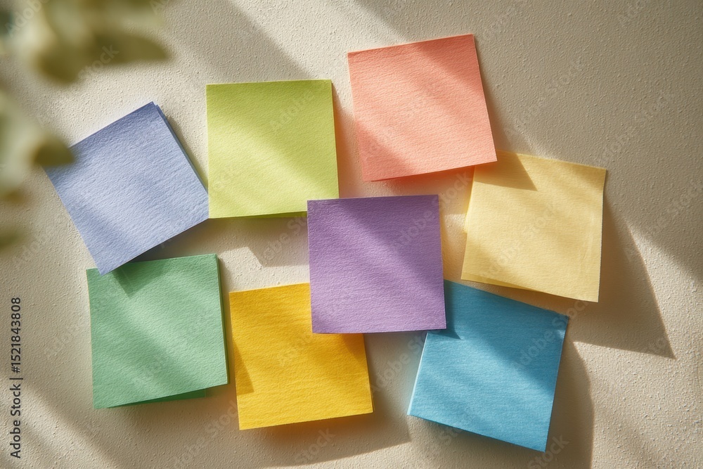 Aufkleber colorful sticky notes scattered on a textured surface, casting soft shadows and creating a cheerful,
