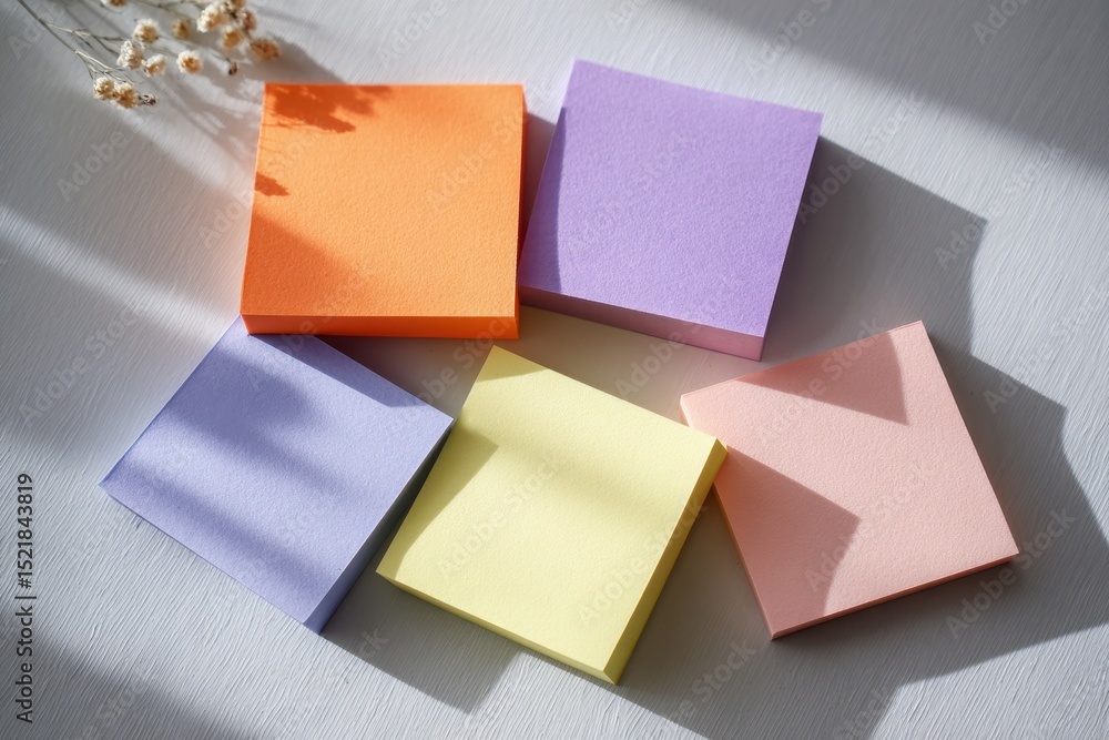 Poster colorful pastel sticky notes scattered on a white surface with soft light and shadow, creating a pla
