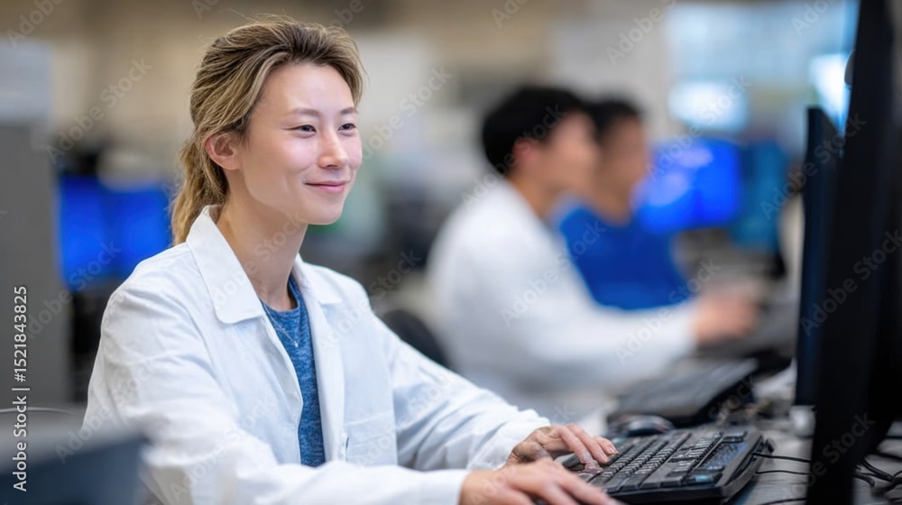 Aufkleber female scientist working at computer in lab, illustrating research and development for healthcare in