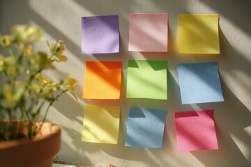 A creative arrangement of colorful sticky notes on a wall, with soft sunlight casting shadows, beside a potted flower plant in the daylight scene.