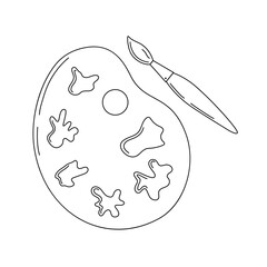 Palette for paints and brush, school stationery art supply for painting lesson, hobby, craft, simple outline hand drawn illustration, doodle linear image