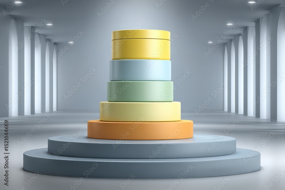 Poster abstract geometric still life featuring stacked pastel cylinders against a bright backdrop, creating