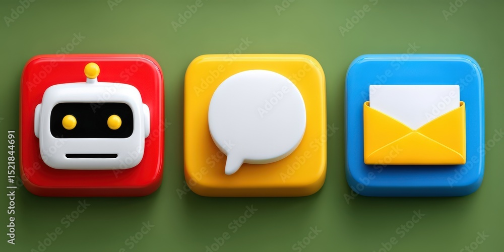 Poster colorful and playful digital icons representing communication tools including a friendly robot avata