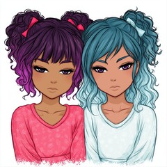Anime Digital Art Featuring Cartoon Girls with Colorful Hair and Expressive Faces in Quirky Fashion