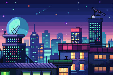 Dark urban skyline with illuminated city buildings under a star-filled night sky