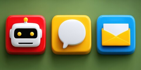Colorful and playful digital icons representing communication tools including a friendly robot avatar speech bubble and an email envelope set against a soft green background emphasizing digital