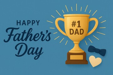 Golden trophy featuring number one dad text, celebrating father's day with a stylish bow tie and heart, set against a vibrant blue background, radiating love and appreciation