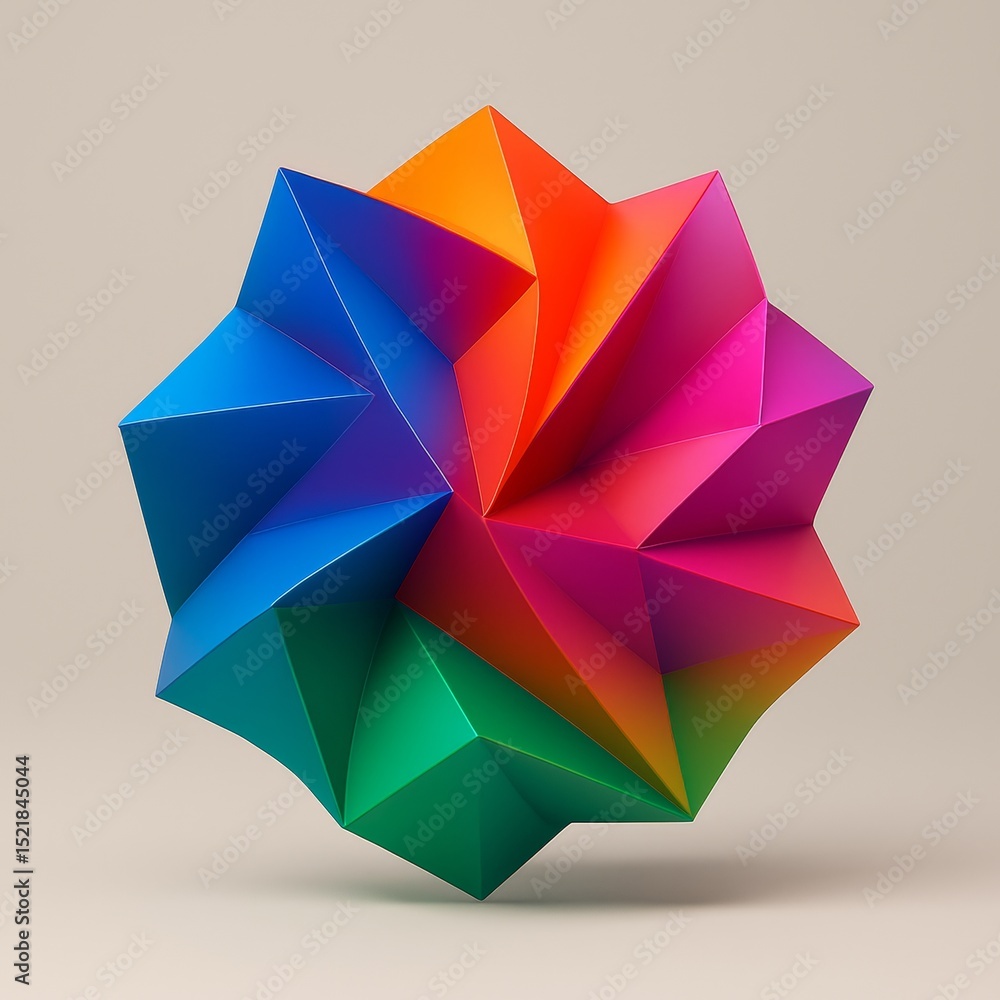 Poster vibrant, multi-colored polygonal shapes rotating against a neutral background create a striking and 