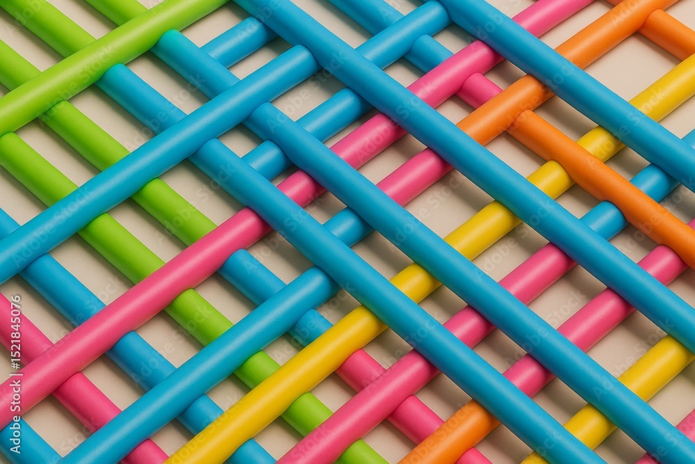 Poster colorful tubes interweaving on a beige background create a vibrant geometric pattern, infusing the c