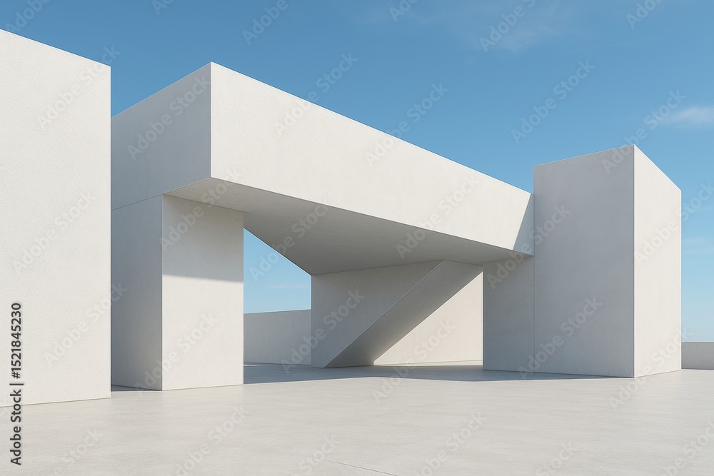 Poster abstract geometric architecture connecting two distinct buildings through a bridge and a staircase, 