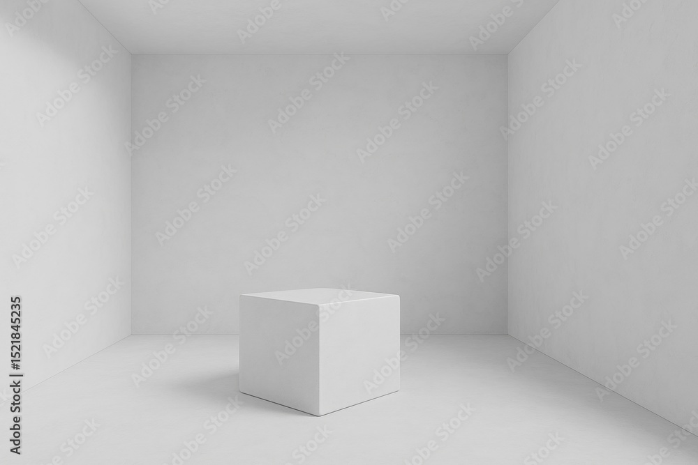Poster white cube standing in empty room with white walls and floor, creating a minimalist and abstract com