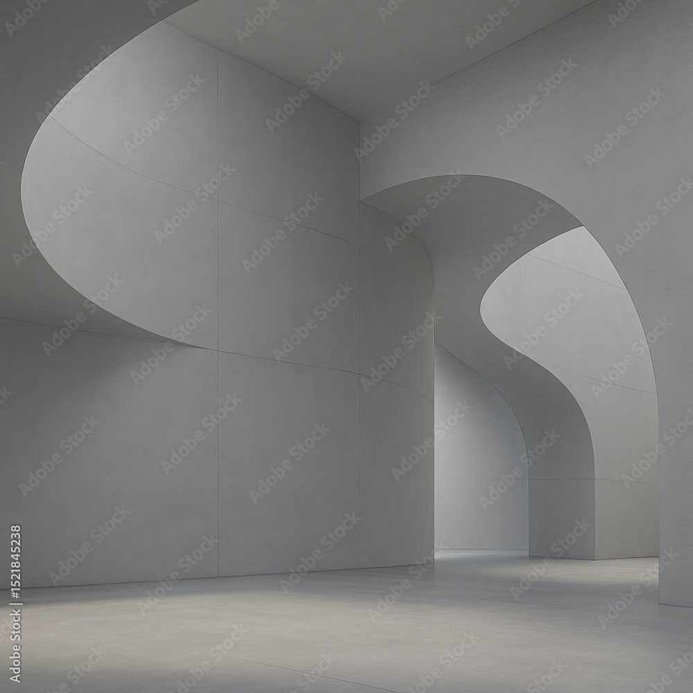 Poster featuring smooth white curved walls and ceiling, the space presents an abstract futuristic environme
