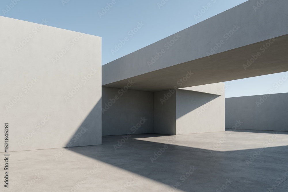 Poster sunlight casting shadows on the walls and floor of a modern minimalist concrete building exterior wi