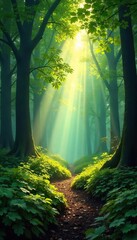 Sunlight dappling through the leaves of a lush forest canopy, illuminating the forest floor with a soft, ethereal glow Perfect for nature, environment, and woodland themes , branch, woods, flora