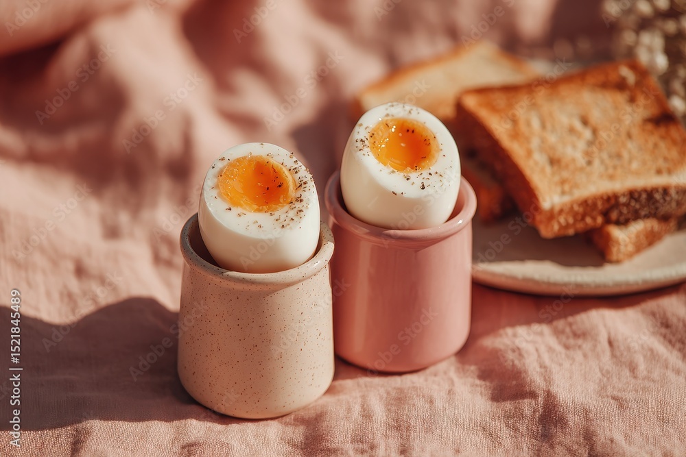 Poster soft-boiled eggs with runny yolk served with toast, elegantly displayed on a pink linen, creating a 